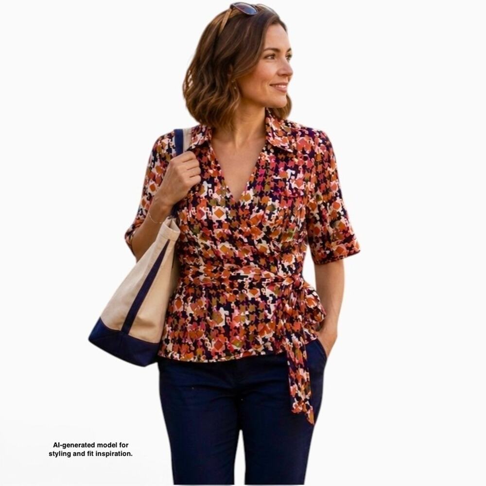 Harold’s Wrap Blouse Silk Cotton V Neck Geo Print Tie Waist Size XL Vintage Y2K